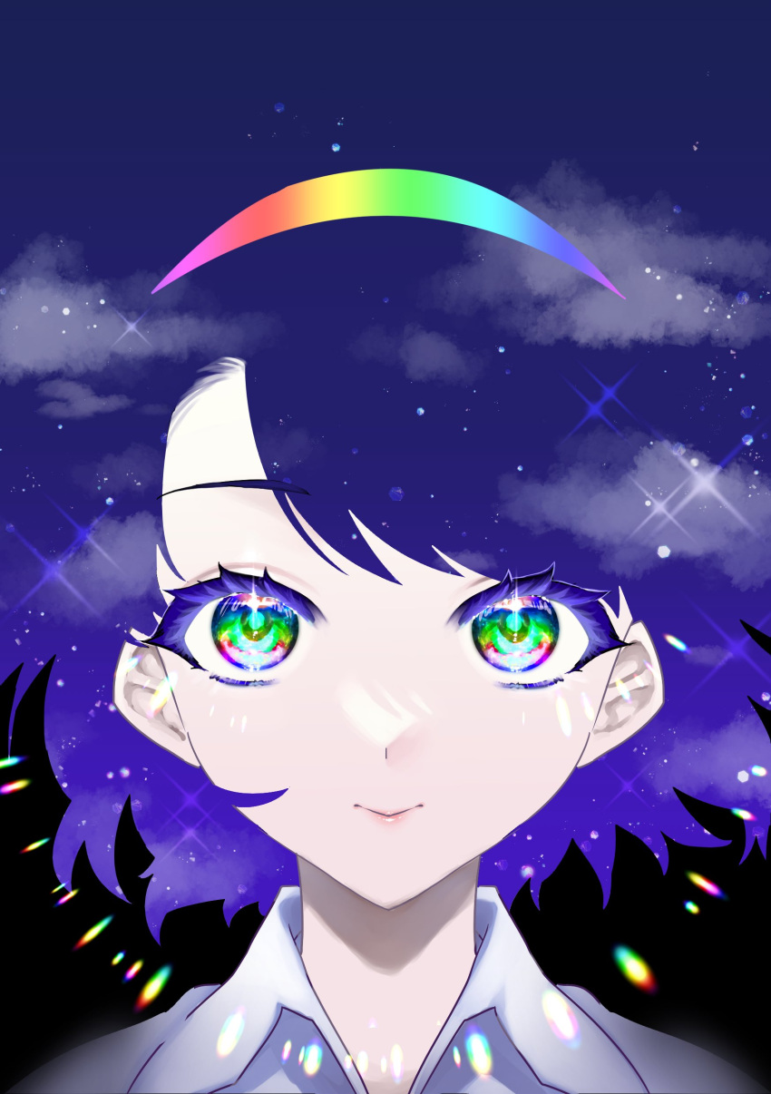 1girl absurdres blue_hair cloak close-up closed_mouth cloud cloudy_sky commentary_request eyelashes highres lips looking_at_viewer multicolored_eyes multicolored_hairband rainbow_eyes rainbow_gradient short_hair sky smile solo star_(sky) starry_sky tenkyuu_chimata touhou user_pymc8558 white_cloak