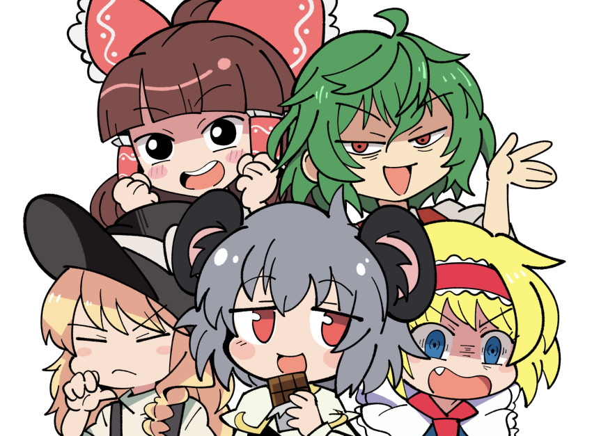5girls akira_(cookie) alice_margatroid animal_ears black_eyes black_headwear black_vest blonde_hair blue_eyes blunt_bangs bow brown_hair candy capelet chocolate chocolate_bar commentary_request cookie_(touhou) fang food frilled_hair_tubes frilled_hairband frills green_hair grey_hair hair_tubes hairband hakurei_reimu hat highres ichigo_(cookie) kazami_yuuka kirisame_marisa looking_at_viewer mouse_ears mouse_girl multiple_girls nazrin necktie nyon_(cookie) open_mouth red_bow red_eyes red_hairband red_necktie rurima_(cookie) shirt short_hair simple_background smile sn_(zigzagspark6) suzu_(cookie) touhou upper_body v-shaped_eyebrows vest white_background white_capelet white_shirt witch_hat