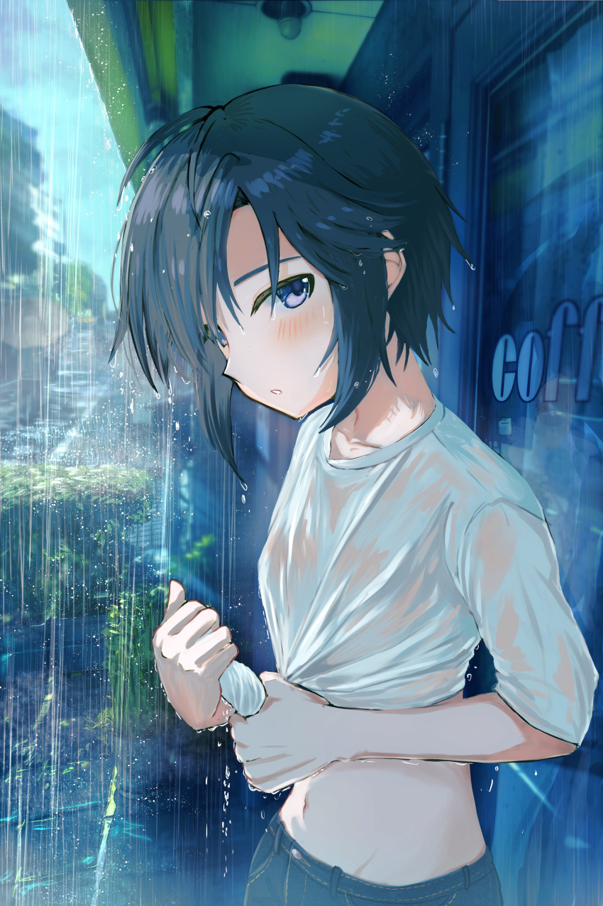 1girl absurdres antenna_hair black_eyes black_hair blush breasts building bush cloud cloudy_sky collarbone day denim from_side groin hands_up highres idolmaster idolmaster_(classic) idolmaster_million_live! idolmaster_million_live!_theater_days jewelry kikuchi_makoto looking_at_viewer midriff miyagi navel outdoors parted_lips plant potted_plant ring shelter shirt short_hair short_sleeves shy sky small_breasts solo standing storefront umbrella water_drop wet wet_clothes wet_face wet_hair white_shirt wringing_clothes