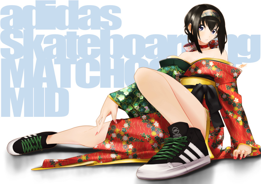 1girl absurdres adidas adidas_matchcourt bare_shoulders bikini blue_eyes blue_hairband bow breasts choker cleavage collarbone green_kimono hairband hand_on_own_leg head_tilt highres japanese_clothes kimono looking_at_viewer mizuki_shizuka_(silenxe) nail_polish obi off_shoulder orange_nails original red_bikini red_bow red_choker sash shadow shoes silenxe sneakers solo swimsuit two-tone_bikini white_background