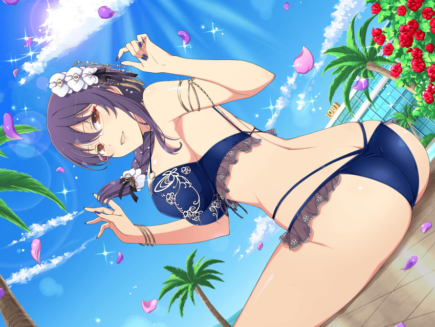 1girl ass bikini bra bracelet braid breasts butt_crack falling_petals fingernail_polish flower glasses hair_flower hair_ornament highres hotel jewelry large_breasts looking_at_viewer nail_polish official_art palm_tree panties petals pool purple_hair red_eyes senran_kagura senran_kagura_new_link sideboob smile solo suzune_(senran_kagura) swimsuit tree underwear yaegashi_nan