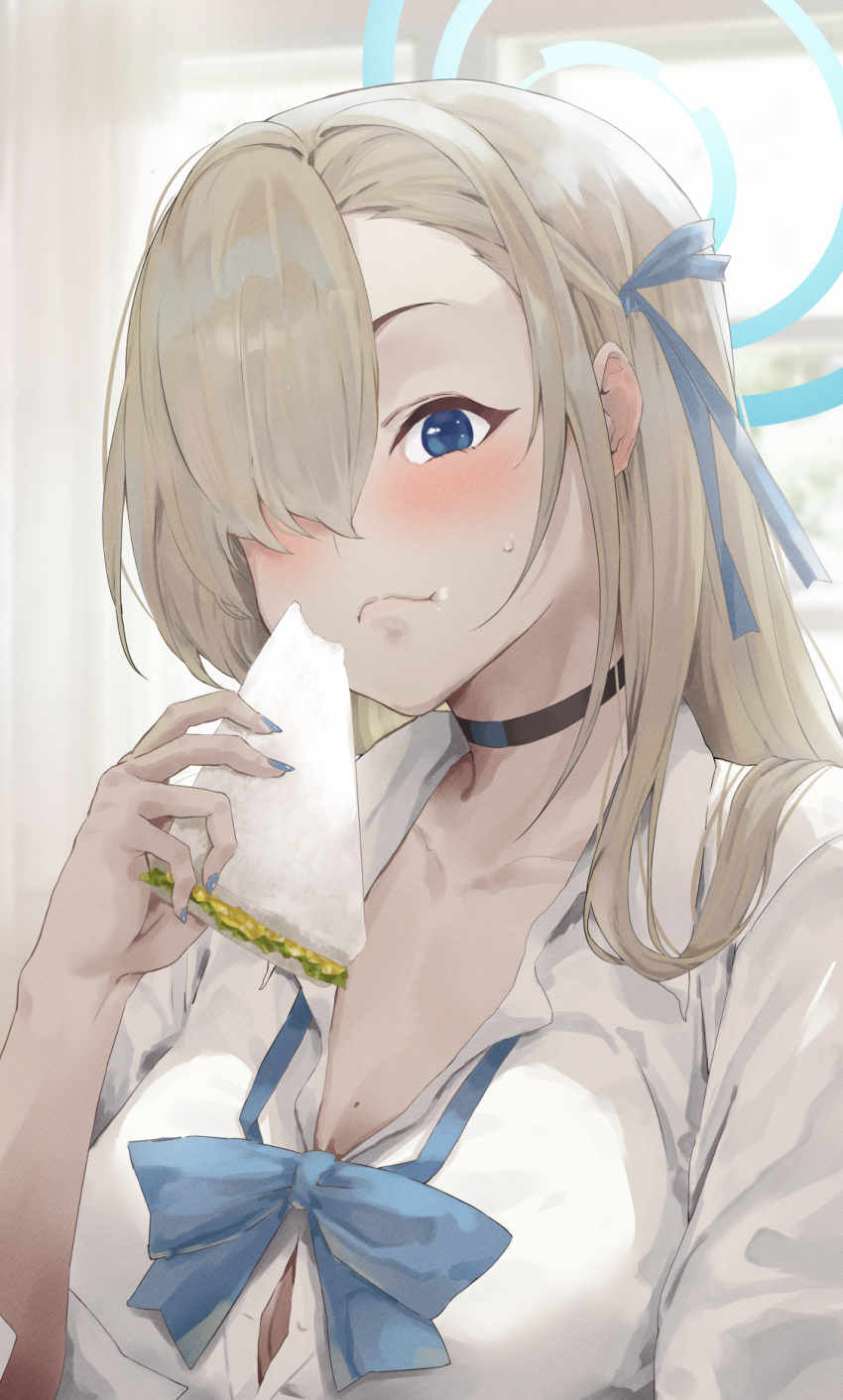 1girl asuna_(blue_archive) black_choker blue_archive blue_bow blue_bowtie blue_eyes blue_halo blue_ribbon blush bow bowtie breasts choker closed_mouth collared_shirt eating food food_on_face hair_over_one_eye hair_ribbon halo highres holding holding_food kuu_(user_gngs5284) large_breasts light_brown_hair long_hair mole mole_on_breast ribbon sandwich shirt solo upper_body white_shirt