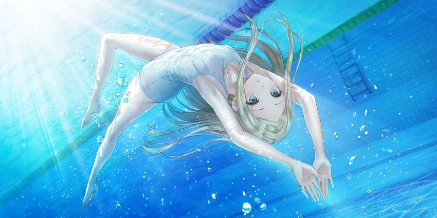 1girl air_bubble blonde_hair blue_reflection blue_reflection_sun breasts bubble expressionless full_body game_cg grey_eyes highres kishida_mel lane_line light_rays long_hair morisaki_alesia_yu non-web_source one-piece_swimsuit parted_bangs pool pool_ladder small_breasts solo sunlight swimming swimsuit underwater water white_one-piece_swimsuit