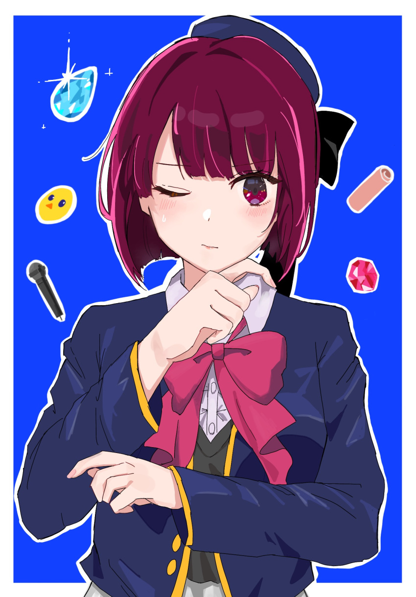 1girl arima_kana beret black_vest blue_background blue_headwear blue_jacket blunt_bangs blush bob_cut border bow buttons closed_mouth collared_shirt commentary_request cropped_jacket hat highres jacket long_sleeves looking_at_viewer microphone okushiro one_eye_closed oshi_no_ko pink_bow pink_ribbon red_eyes red_hair ribbon school_uniform shirt short_hair simple_background solo upper_body vest white_border white_shirt youtou_high_school_uniform