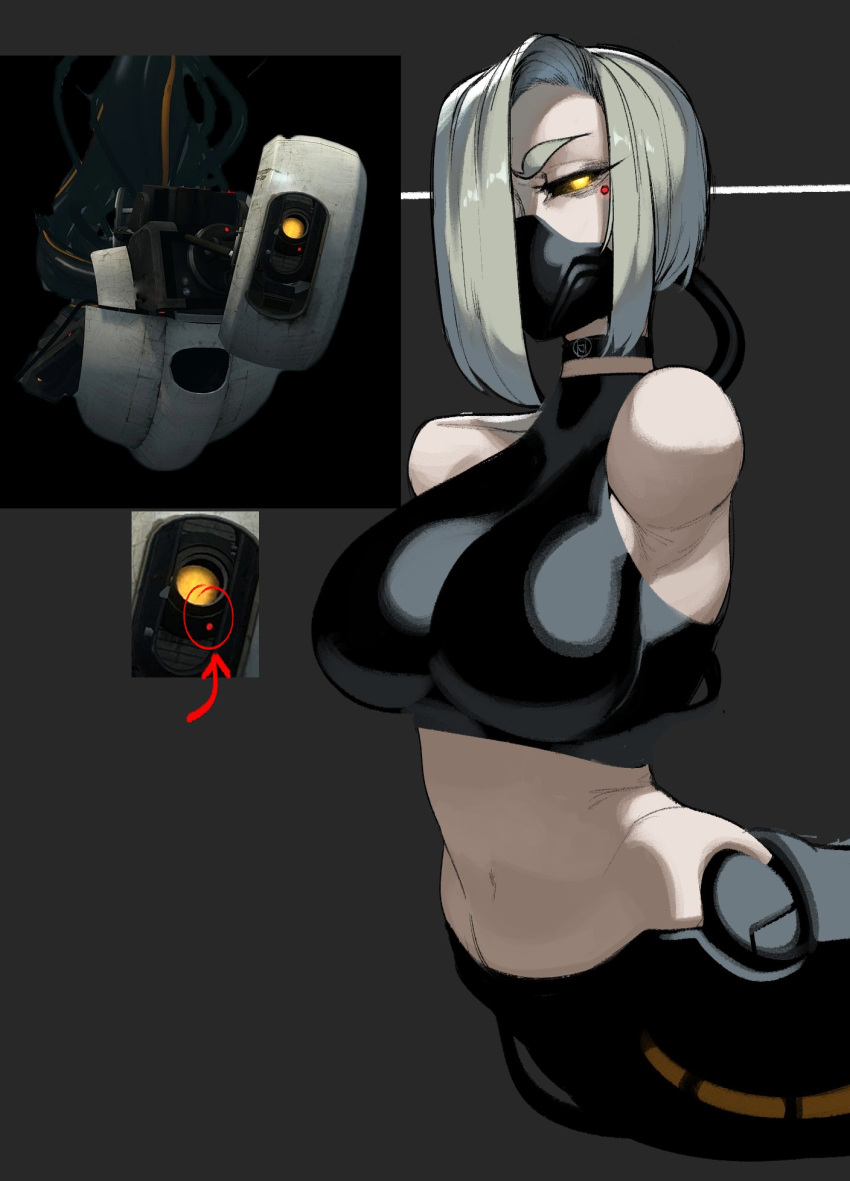 1girl arrow_(symbol) black_choker black_sclera breasts cable choker colored_sclera commentary covered_mouth crop_top english_commentary glados glowing glowing_eye grey_hair hair_over_one_eye half-closed_eye halterneck highres krekkov large_breasts looking_at_viewer mask missing_limb mole mole_under_eye mouth_mask navel no_pupils pale_skin personification portal_(series) portal_2 short_hair solo torso yellow_eyes