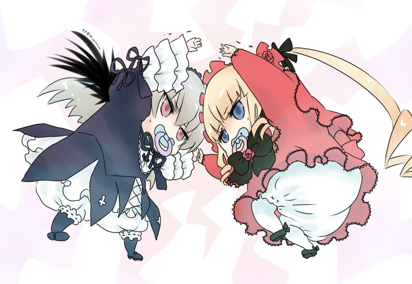 2girls black_bow black_dress black_wings blonde_hair bloomers blue_eyes bow chibi dress drill_hair flower full_body grey_hair highres holding_hands kiru_(m_putorius) long_hair looking_at_another multiple_girls pacifier pink_eyes red_dress red_flower red_rose rose rozen_maiden shinku sketch struggling suigintou sweatdrop trembling twintails underwear white_bloomers wings