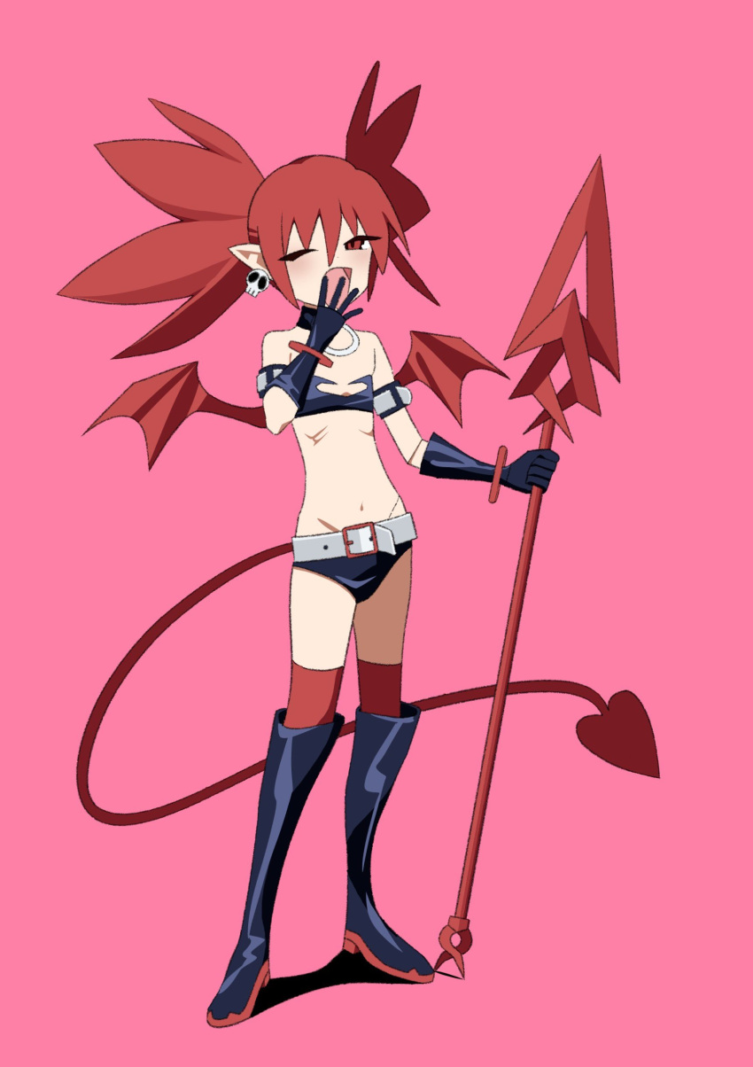 1girl absurdres bat_wings belt black_footwear black_gloves boots choker demon_girl demon_tail demon_wings disgaea earrings elbow_gloves etna_(disgaea) flat_chest full_body gloves highres jewelry jpeg_artifacts looking_at_viewer midriff mini_wings navel o-ring o-ring_choker o-ring_collar one_eye_closed open_mouth pink_background pointy_ears red_eyes red_hair red_wings simple_background skull_earrings solo standing tail tenganiki wings yawning