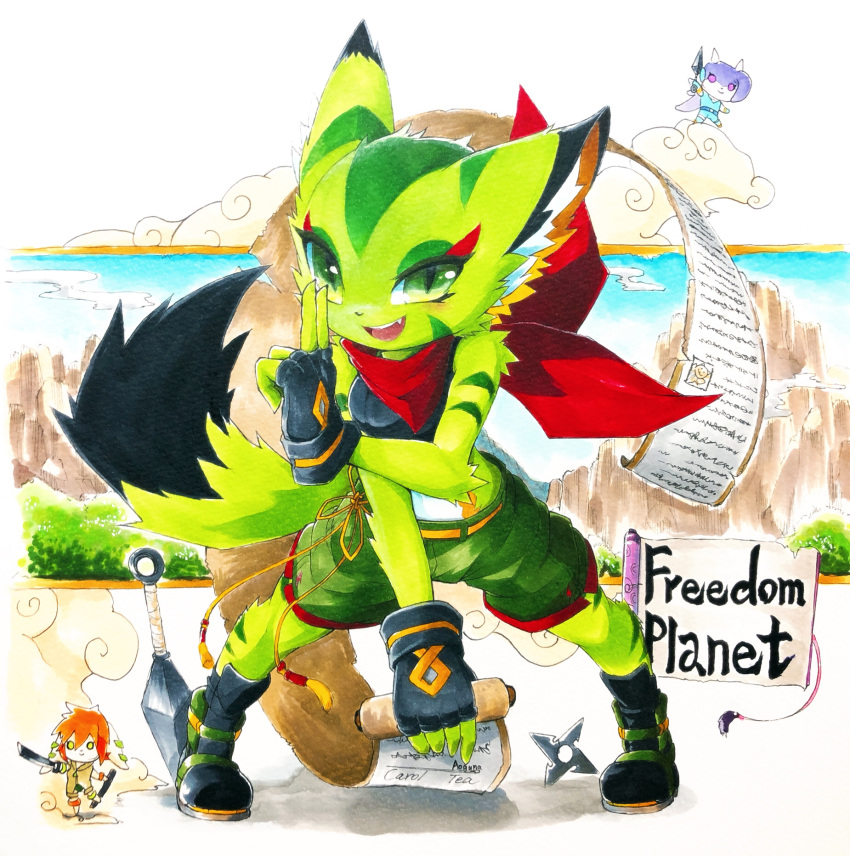 2021 anthro aoguma aquatic_dragon basset_hound canid canine canis carol_tea chibi clothed clothing cloud domestic_dog dragon felid feline felis female freedom_planet freedom_planet_2 fur galaxytrail green_body green_eyes green_fur hair hi_res horn hunting_dog looking_at_viewer mammal marine milla_basset orange_hair purple_eyes purple_hair sash_lilac scent_hound scroll signature tail text wildcat