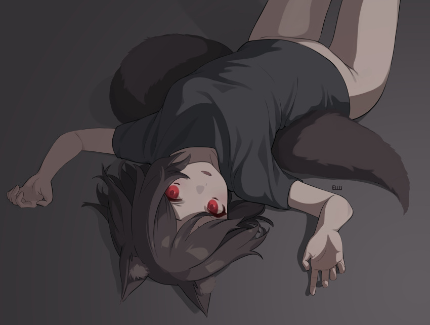 1girl :d absurdres animal_ear_fluff animal_ears black_shirt bottomless breasts brown_hair ellu fang grey_background highres looking_at_viewer lying on_back open_mouth original red_eyes shirt short_hair short_sleeves simple_background small_breasts smile tail