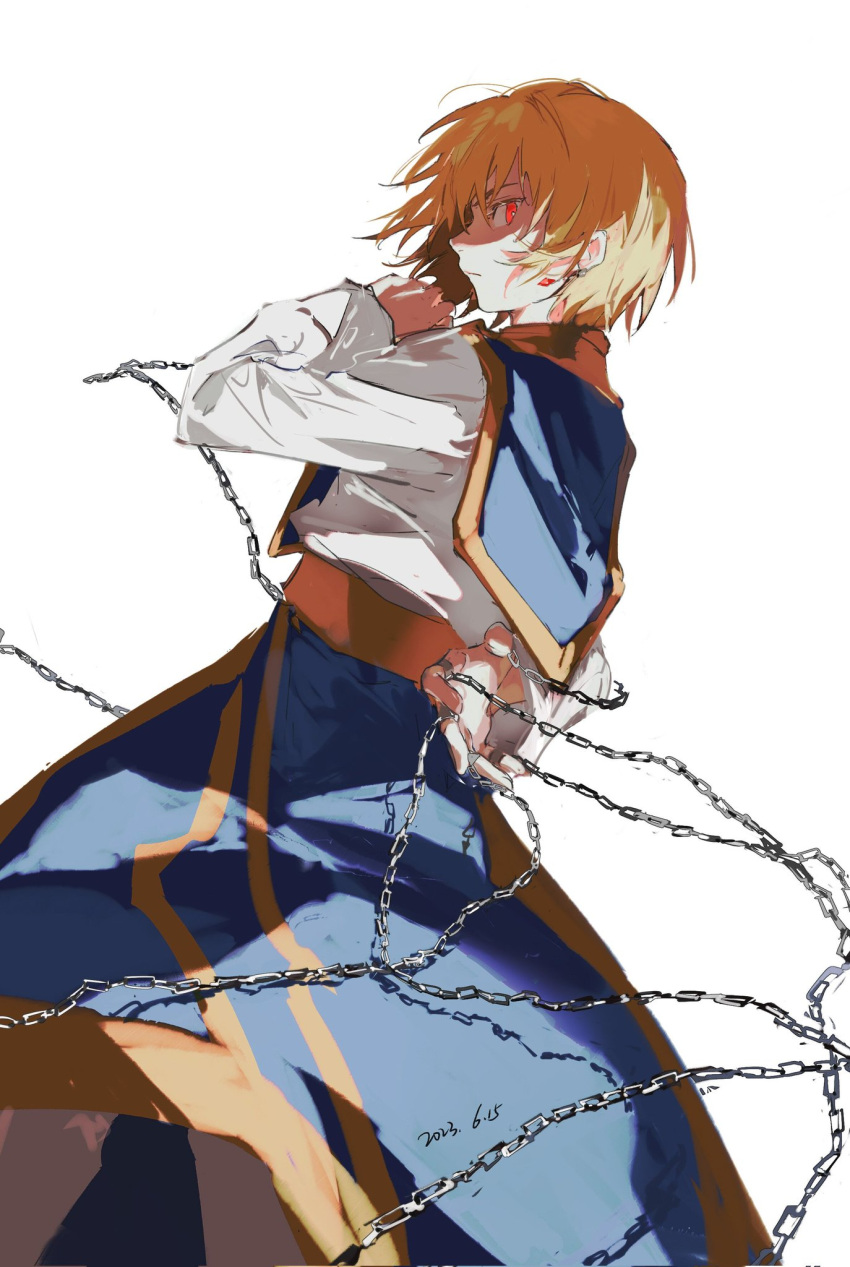 1boy androgynous blonde_hair chain earrings hair_between_eyes highres hunter_x_hunter jewelry kurapika long_sleeves looking_at_viewer looking_back mei_ren nen_(hunter_x_hunter) red_eyes ring short_hair simple_background smile solo tabard thumb_ring white_background