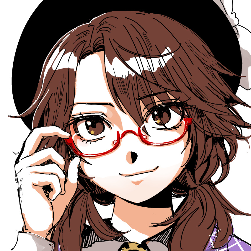 1girl adjusting_eyewear black_headwear bow brown_eyes brown_hair close-up dress glasses highres kuya_(hey36253625) looking_at_viewer portrait purple_dress red-framed_eyewear sketch smile solo touhou usami_sumireko white_background white_bow