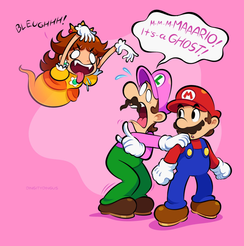 1girl 2boys blank_eyes blue_overalls brothers brown_footwear brown_hair bubble_luigi cabbie_hat claw_pose crown dress earrings english_commentary facial_hair fangs flower_earrings ghost_girl ghost_tail gloves green_overalls hat highres jewelry letter_print looking_at_another looking_back mario mario_(series) mini_crown multiple_boys mustache nervous_sweating nintendo no_pupils overalls pink_background pink_headwear pink_shirt princess_daisy red_headwear red_shirt scared shirt shoes siblings super_mario_bros._wonder sweat tongue trembling trolling vinny_(dingitydingus) white_gloves yellow_dress