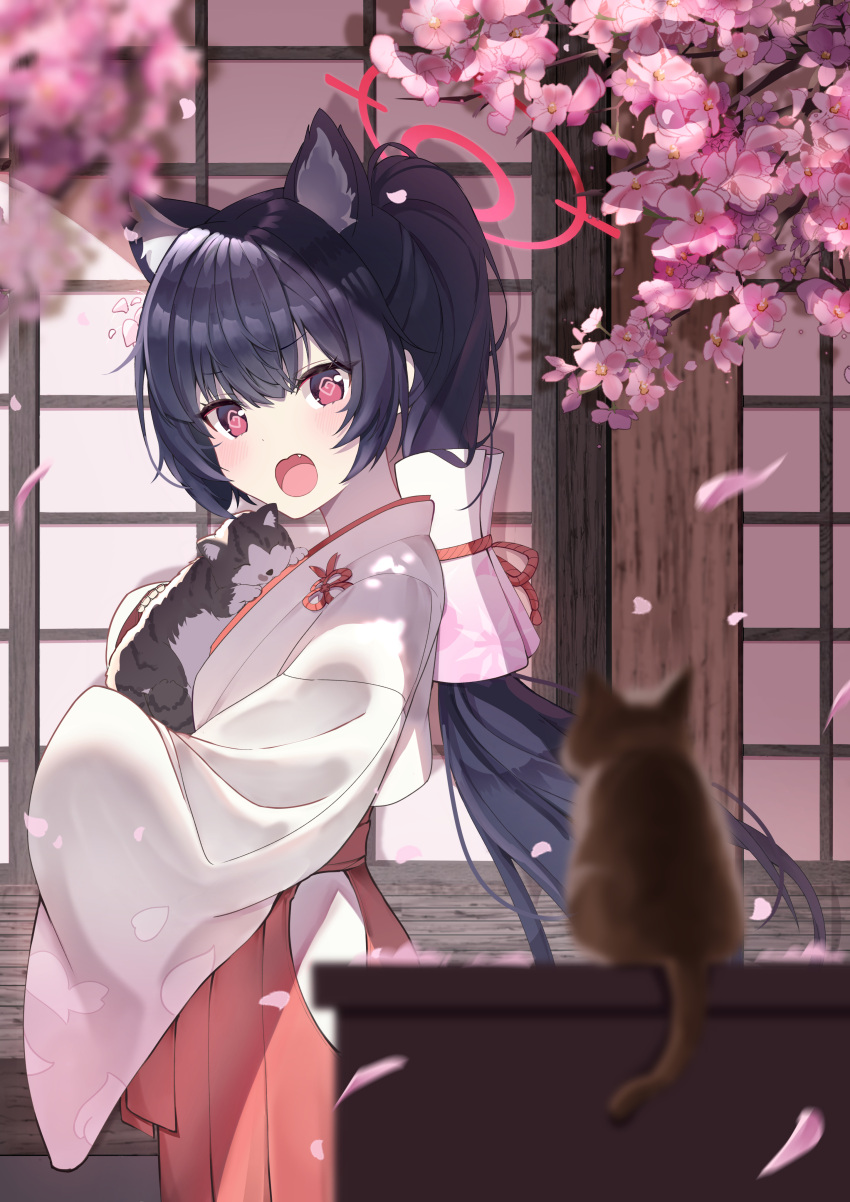 1girl @_@ absurdres animal_ear_fluff animal_ears black_hair blue_archive blurry blush cat cat_ears cherry_blossoms commentary depth_of_field falling_petals fang gohei hair_tubes hakama hakama_skirt halo haraegushi highres japanese_clothes kimono long_hair looking_at_viewer miko official_alternate_costume oonusa open_mouth petals ponytail red_eyes red_hakama red_skirt serika_(blue_archive) serika_(new_year)_(blue_archive) shan_(ti0n) skirt solo standing very_long_hair white_kimono wide_sleeves