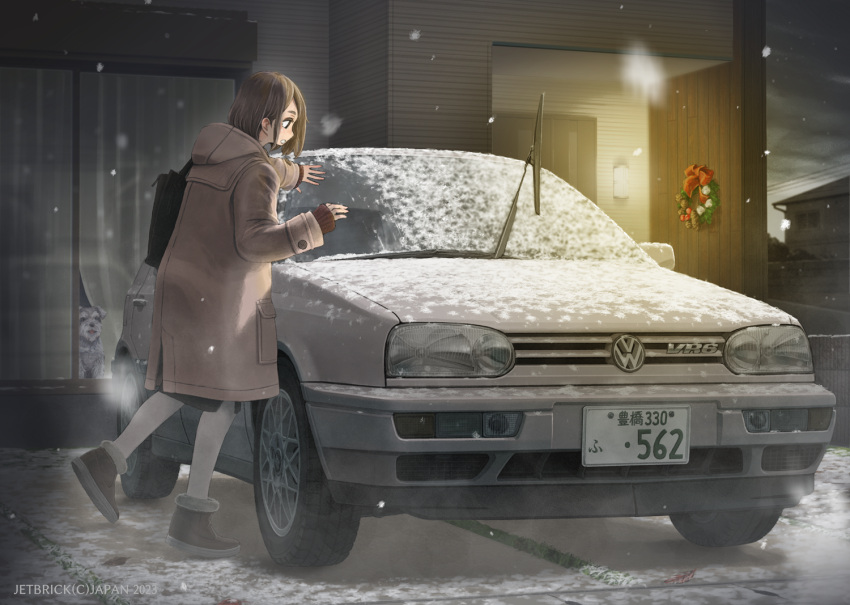 1girl black_footwear black_skirt brown_coat brown_hair brown_sweater car christmas_wreath cloud cloudy_sky coat dog door fur-trimmed_footwear fur_trim hood hooded_coat house jettoburikku motor_vehicle original outdoors pantyhose skirt sky snow snowing solo sweater urban volkswagen white_pantyhose window winter wreath