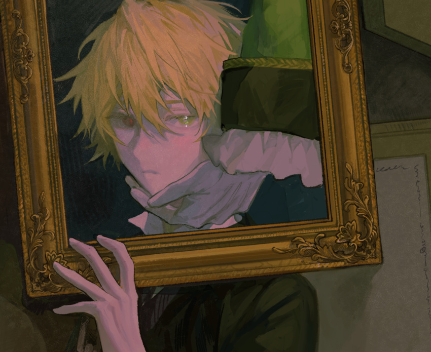 1boy black_jacket blonde_hair closed_mouth commentary_request frilled_sleeves frills green_eyes green_jacket hair_between_eyes hand_on_another's_chin hand_up heterochromia highres holding_frame jack_vessalius jacket konekoy long_sleeves looking_at_viewer male_focus out_of_frame outside_border oz_vessalius pandora_hearts popped_collar portrait red_eyes shirt short_hair solo_focus white_shirt