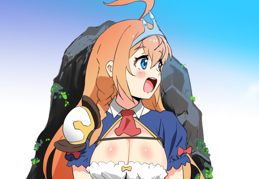 1girl :d ahoge armor blue_background blue_eyes blush bow braid breasts cleavage commentary_request gradient_background hair_between_eyes large_breasts long_hair looking_afar looking_to_the_side manatsu_no_yo_no_inmu miura_daisenpai mushi_gyouza necktie open_mouth orange_hair pauldrons pecorine_(princess_connect!) princess_connect! red_bow red_necktie rock round_teeth shoulder_armor side_braid single_pauldron smile solo teeth tiara upper_body upper_teeth_only