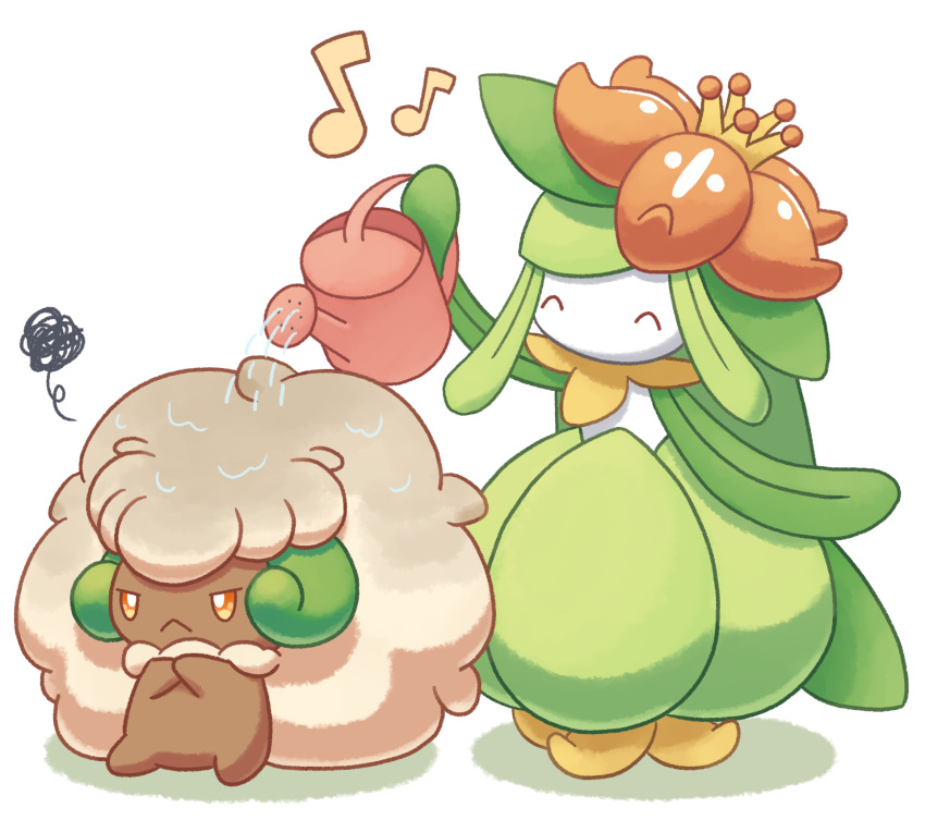 :&lt; ^_^ closed_eyes closed_mouth highres holding holding_watering_can lilligant musical_note no_humans pokemon pokemon_(creature) rirutemu squiggle standing watering watering_can wet whimsicott white_background