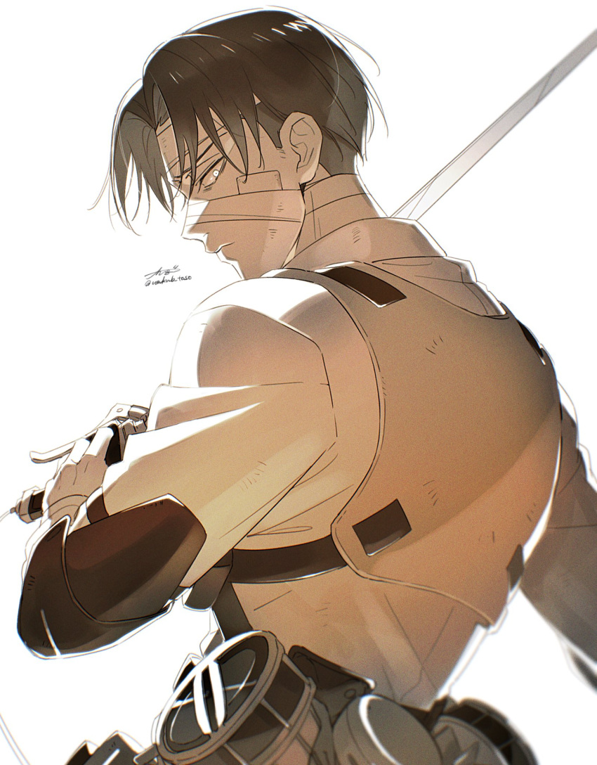 1boy bandaged_head bandages bell black_hair collared_shirt cowbell from_behind highres holding holding_sword holding_weapon levi_(shingeki_no_kyojin) looking_at_viewer looking_back male_focus sanpaku shingeki_no_kyojin shirt short_hair solo sword taso_(harutsukimikan) three-dimensional_maneuver_gear tsurime weapon