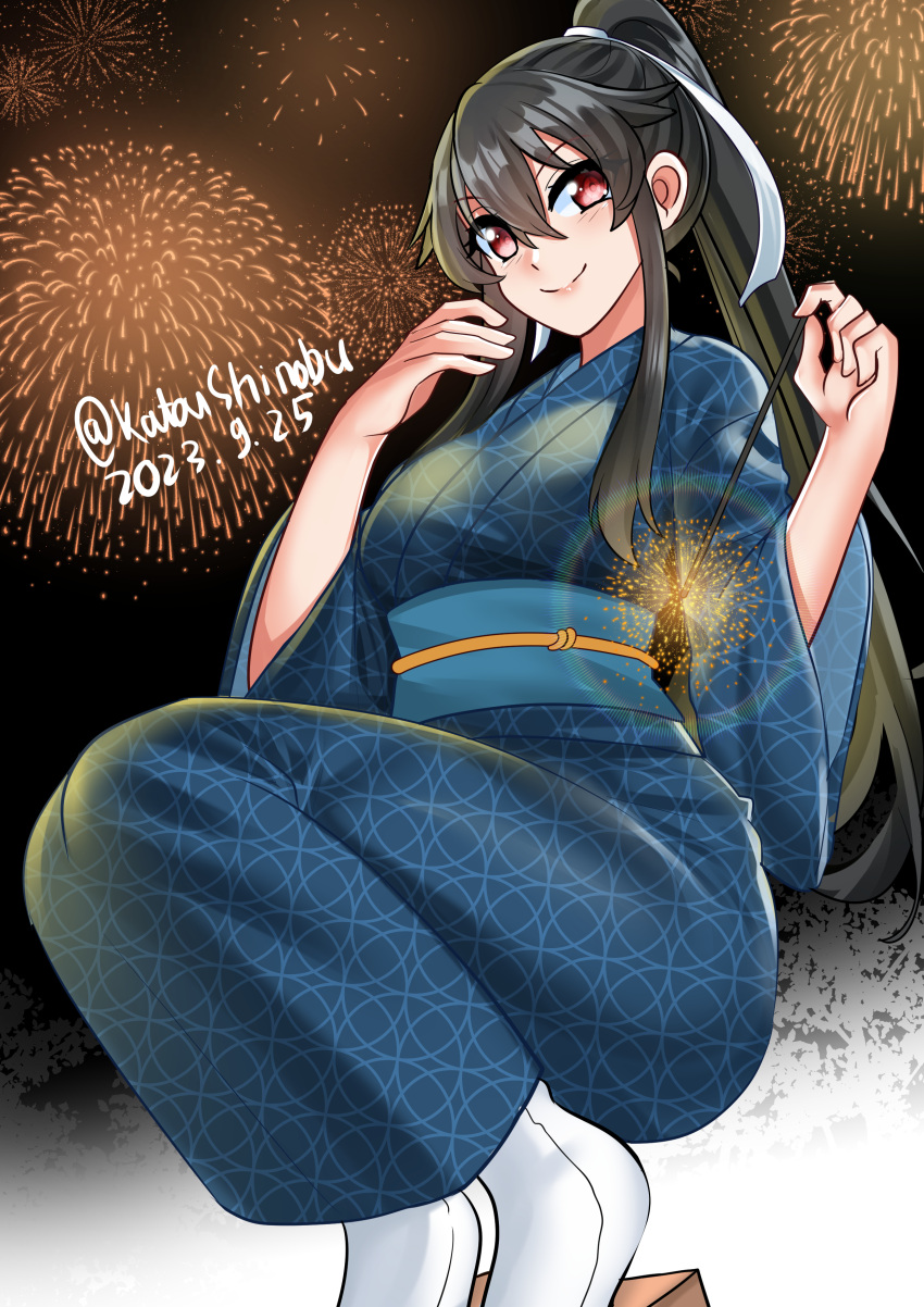 1girl absurdres alternate_costume black_hair blue_kimono breasts dated fireworks hair_ribbon highres holding_fireworks japanese_clothes kantai_collection katou_shinobu kimono large_breasts long_hair looking_at_viewer one-hour_drawing_challenge ponytail red_eyes ribbon senkou_hanabi sidelocks socks solo sparkler twitter_username white_ribbon white_socks yahagi_(kancolle) yukata