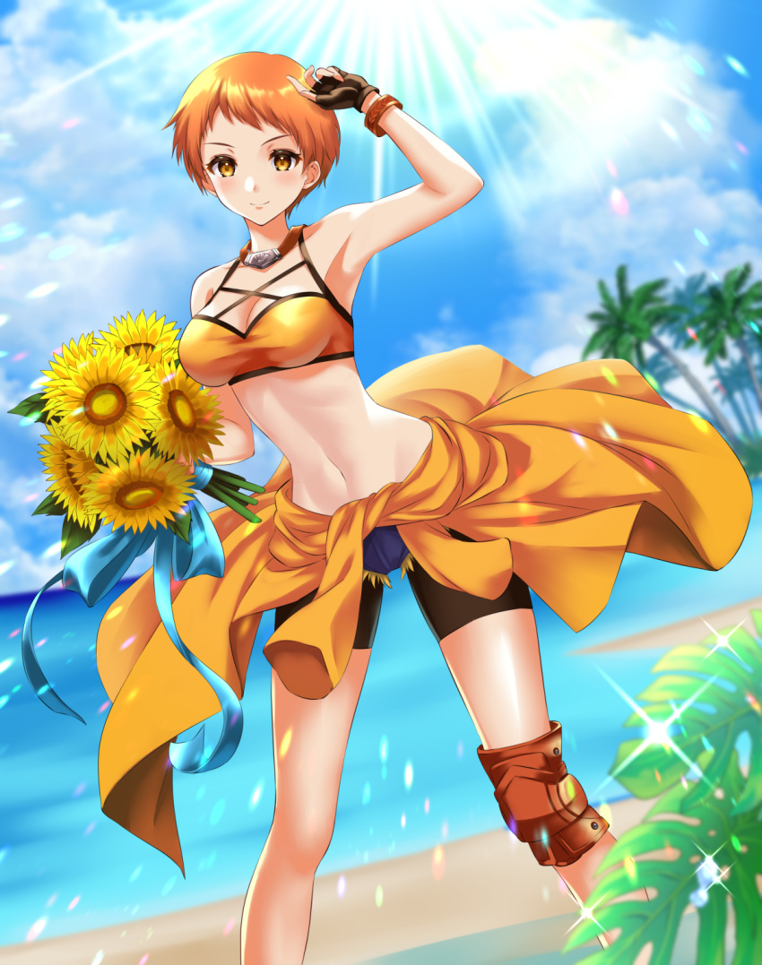 1girl armpits beach bikini black_gloves black_shorts blue_sky bouquet breasts cleavage closed_mouth clothes_around_waist cloud commentary_request commission day fingerless_gloves fire_emblem fire_emblem:_three_houses fire_emblem_heroes flower gloves highres holding holding_bouquet jacket jacket_around_waist kakiko210 leonie_pinelli leonie_pinelli_(summer) looking_at_viewer medium_breasts navel official_alternate_costume orange_bikini orange_eyes orange_hair orange_jacket outdoors palm_tree sand short_hair shorts skeb_commission sky smile solo stomach sunflower sunlight swimsuit tree water