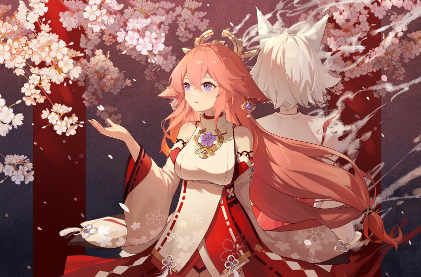 2girls absurdres animal_ears back-to-back bare_shoulders blush branch breasts cherry_blossoms commentary_request detached_sleeves earrings eyelashes facing_away falling_petals floating_hair floppy_ears floral_print flower fox_ears genshin_impact hair_between_eyes hair_flaps hand_up headpiece highres japanese_clothes jewelry kimono kitsune_saiguu large_breasts long_hair long_sleeves low-tied_long_hair miko morimori_(14292311) multicolored_background multiple_girls nontraditional_miko open_mouth parted_lips pelvic_curtain petals pink_flower pink_hair purple_eyes ribbon-trimmed_sleeves ribbon_trim sakuramon shirt short_hair sidelocks simple_background sleeveless sleeveless_shirt standing tassel very_long_hair vision_(genshin_impact) white_hair white_kimono white_shirt white_sleeves wide_sleeves yae_miko