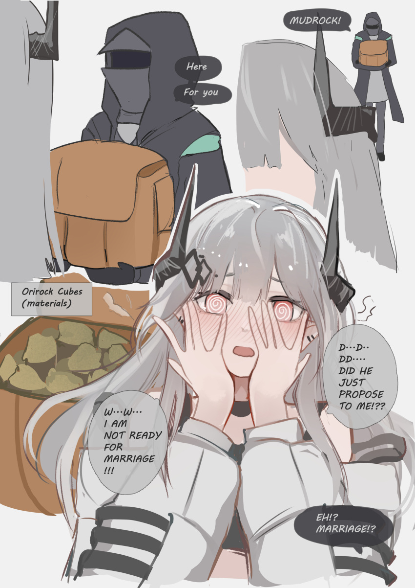 1other @_@ absurdres arknights backpack bag bare_shoulders black_jacket blush commentary_request covering_face doctor_(arknights) grey_hair hands_up highres holding holding_bag hood hooded_jacket horns jacket long_hair looking_at_viewer mudrock_(arknights) multiple_views nose_blush off_shoulder orirock_(arknights) pink_eyes upper_body wawamachi_(wawamachis)