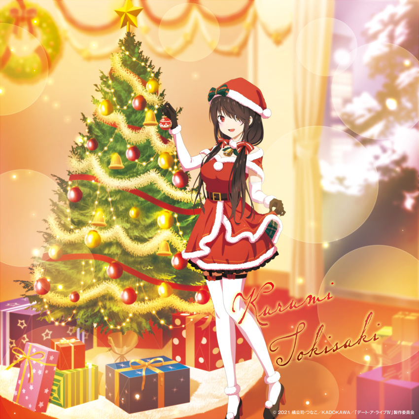 1girl black_hair character_name christmas christmas_ornaments christmas_present christmas_star christmas_tree clothes_lift date_a_live dress dress_lift gift hair_ornament hair_over_one_eye hand_up hat high_heels highres indoors low_twintails official_art open_mouth pantyhose red_eyes santa_dress santa_hat tokisaki_kurumi twintails white_pantyhose