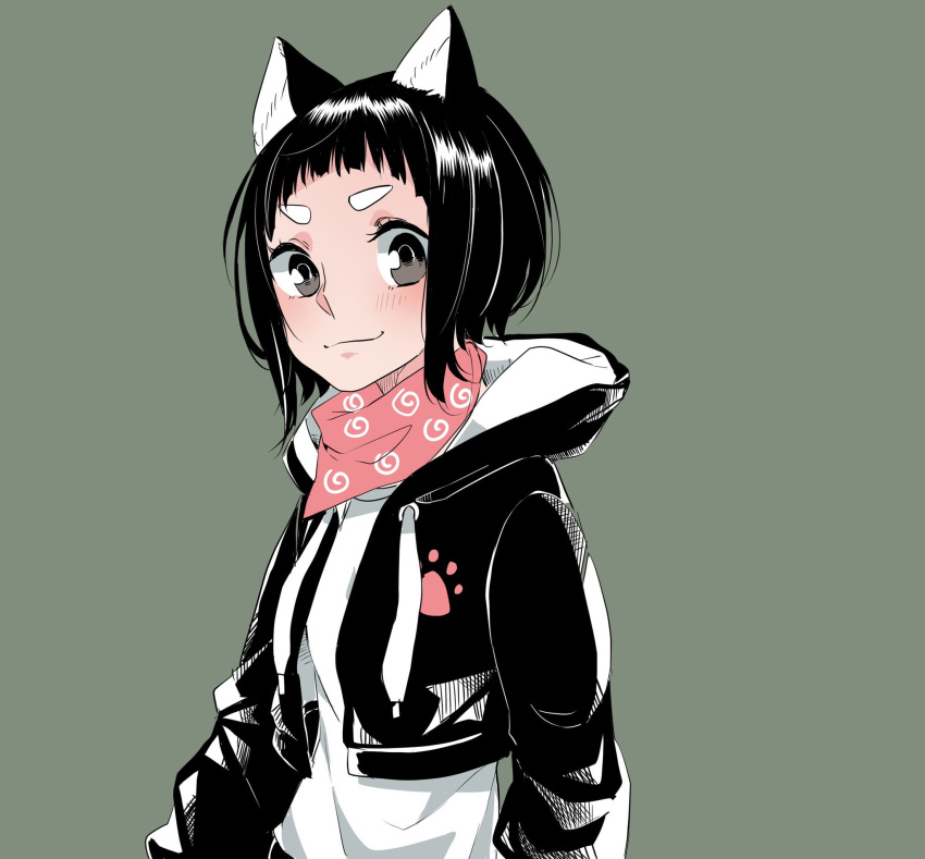 1girl animal_ear_fluff animal_ears black_eyes black_hair black_jacket blush closed_mouth commentary_request cropped_jacket dog_ears dog_girl grey_background highres hood hood_down hooded_jacket jacket kashikaze long_sleeves looking_at_viewer open_clothes open_jacket original sakurako_(kashikaze) shirt short_hair simple_background solo upper_body white_shirt