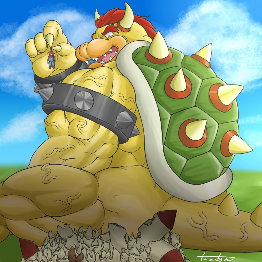 anthro anthro_dominating_human big_dom_small_sub big_muscles bowser bracelet castle crush dominant dominant_anthro dominant_male duo facial_hair hair hi_res holding_partner human human_on_anthro interspecies jewelry koopa larger_anthro larger_male macro male male/male mammal mario mario_bros micro micro_on_macro muscular muscular_anthro muscular_male mustache nintendo nude open_mouth red_hair scalie sharp_teeth shell signature sitting size_difference smaller_human smaller_male spiked_bracelet spiked_shell spikes spikes_(anatomy) submissive submissive_human submissive_male takuang1919 teeth yellow_body