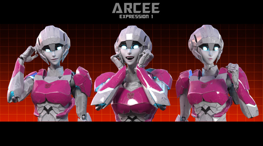 1girl 3d arcee autobot blender_(medium) blue_eyes breasts colored_skin expressions glowing glowing_eyes helmet highres humanoid_robot jpl-animation medium_breasts metal_skin pink_lips robot robot_girl science_fiction solo transformers upper_body white_skin