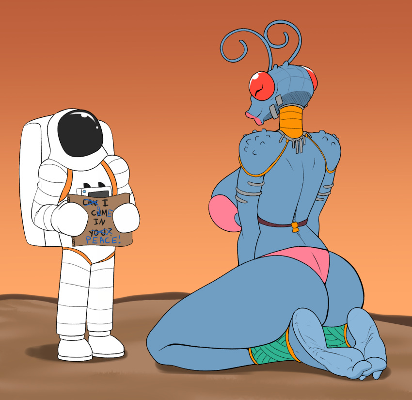 2023 ankle_band antennae_(anatomy) anthro armlet arthropod astronaut big_breasts big_butt big_eyes bikini biped black_pupils black_text blue_body blue_breasts blue_text breasts butt clothed clothed_anthro clothed_female clothed_human clothed_male clothing compound_eyes curled_antennae digital_drawing_(artwork) digital_media_(artwork) duo english_text faceless_character faceless_human faceless_male feet female female_anthro glistening glistening_eyes hi_res holding_object human humor image_comics insect invincible_(comics) invincible_(tv_series) jewelry kneeling larger_anthro larger_female lips looking_at_another looking_at_partner male male/female mammal neck_ring orange_sky outside pink_bikini pink_clothing pink_lips pink_swimwear plantigrade pupils red_eyes shadow size_difference sky smaller_human smaller_male soles spacesuit standing straight_legs swimwear text thick_lips thick_thighs thraxan three-quarter_view toes unusual_pupils zp92