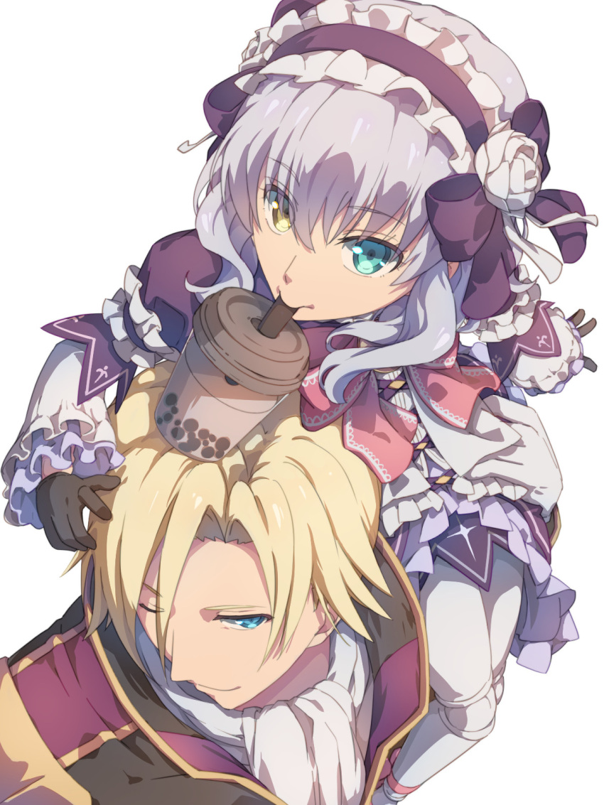 1boy 1girl black_gloves blonde_hair blue_eyes bow bubble_tea carrying_over_shoulder chiharu_(9654784) curtained_hair dress drinking drinking_straw drinking_straw_in_mouth eiyuu_densetsu flower gloves grey_hair hair_between_eyes hair_bow hair_flower hair_ornament hajimari_no_kiseki heterochromia highres lapis_rosenberg one_eye_closed rufus_albarea simple_background smile thighhighs white_background