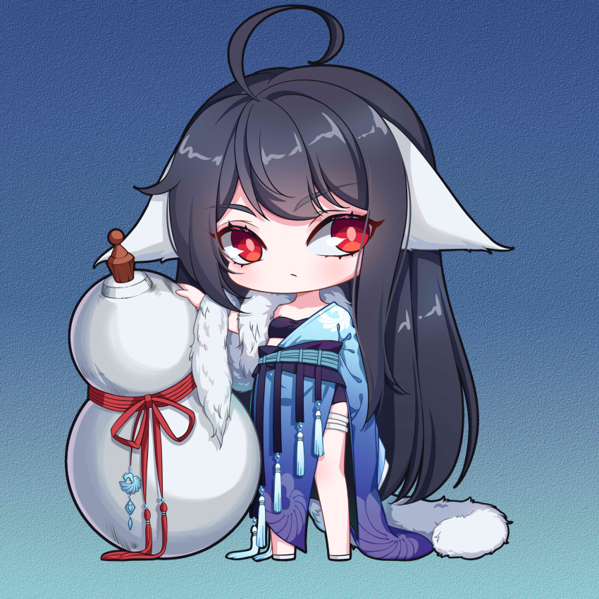 1girl :/ absurdres ahoge animal_ears arm_behind_back black_hair black_tube_top blue_background blue_dress chibi chinese_clothes dress ears_down feather_boa fox_ears full_body gourd gradient_background hanfu highres huyao_xiao_hongniang kumu_zaisheng long_dress long_hair long_sleeves looking_to_the_side off_shoulder red_eyes solo strapless thigh_strap tube_top tushan_yaya very_long_hair white_footwear wide_sleeves