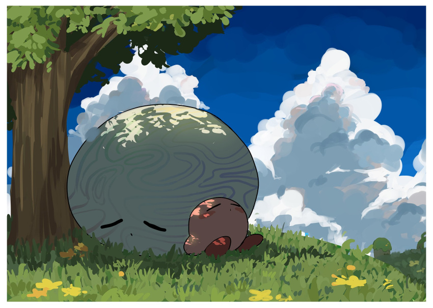 blue_sky blush blush_stickers border closed_eyes closed_mouth cloud cloudy_sky commentary_request day flower grass highres kirby kirby_(series) korean_commentary no_humans nt_26 outdoors shade sitting sky sleeping sleeping_upright tree tree_shade void_soul white_border yellow_flower