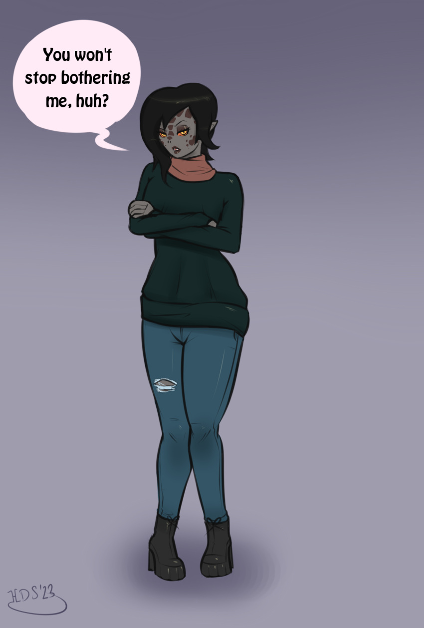 annoyed anthro bottomwear clothed clothing denim denim_clothing female hashdrawingslasher hi_res jeans pants reptile scalie scarf snake sweater topwear