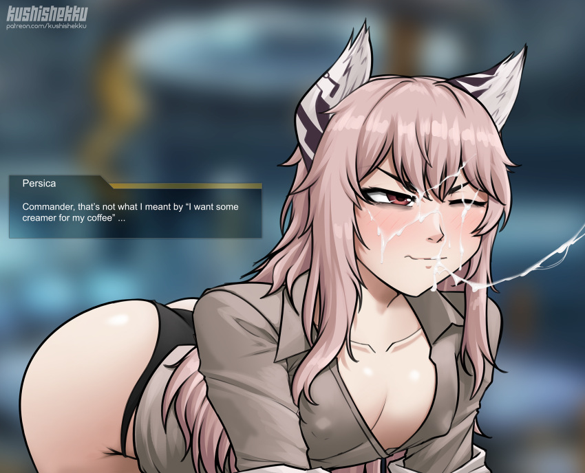 1girl animal_ears artist_name ass bags_under_eyes bent_over black_panties blurry blurry_background blush breasts brown_shirt cat_ears character_name cleavage closed_mouth collarbone commentary cum cum_on_hair cum_on_lips cum_string dialogue_box english_commentary english_text facial girls'_frontline hair_between_eyes highres kushishekku lab_coat long_hair no_pants one_eye_closed panties partially_unbuttoned patreon_username persica_(girls'_frontline) pink_hair red_eyes shirt small_breasts solo underwear v-shaped_eyebrows variant_set