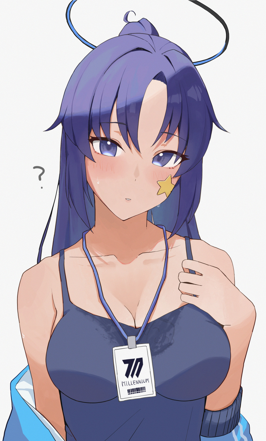 1girl ? absurdres blue_archive blue_camisole blue_eyes blue_hair blue_halo blue_jacket blush breasts camisole cleavage collarbone commentary edible_sus grey_background hair_intakes halo highres id_card jacket lanyard long_hair looking_at_viewer medium_breasts off_shoulder official_alternate_costume open_clothes open_jacket parted_bangs parted_lips ponytail simple_background solo star_sticker sticker_on_face sweat sweaty_clothes track_jacket upper_body yuuka_(blue_archive) yuuka_(track)_(blue_archive)