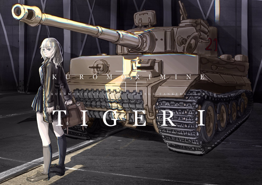 armored_vehicle blue_eyes english_text girls_und_panzer grey_hair hangar highres itsumi_erika jacket karabiner96d kuromorimine_military_uniform military_vehicle motor_vehicle pleated_skirt school_briefcase skirt tank tiger_i