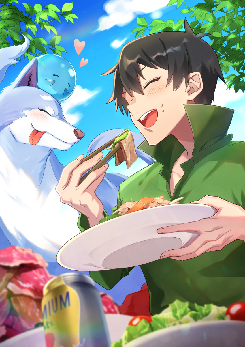 1boy absurdres black_hair blue_sky blurry can cherry_tomato chopsticks closed_eyes cloud collarbone creature_on_head depth_of_field eating feru_(tonsuki) food food_on_face green_shirt heart highres hizaki_sui holding holding_chopsticks holding_plate long_sleeves meat monster mukouda_tsuyoshi no_mouth open_mouth outdoors plate rice rice_on_face salad shirt short_hair sky slime_(creature) smile sui_(tonsuki) teeth tomato tondemo_skill_de_isekai_hourou_meshi tongue tongue_out tree wolf