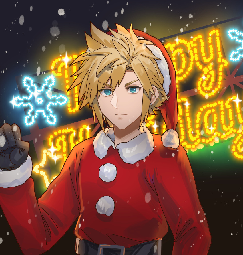 1boy absurdres alternate_costume alternate_weapon belt black_background blonde_hair blue_hair brown_gloves chinese_commentary christmas cloud_strife commentary_request earrings final_fantasy final_fantasy_vii final_fantasy_vii_ever_crisis fur-trimmed_collar fur-trimmed_headwear fur-trimmed_sleeves fur_trim gloves happy_holidays hat highres hityandayo jewelry leather_belt long_sleeves male_focus neon_lights over_shoulder red_headwear red_shirt santa_costume santa_hat serious shirt short_hair snowing solo spiked_hair stud_earrings weapon weapon_over_shoulder winter