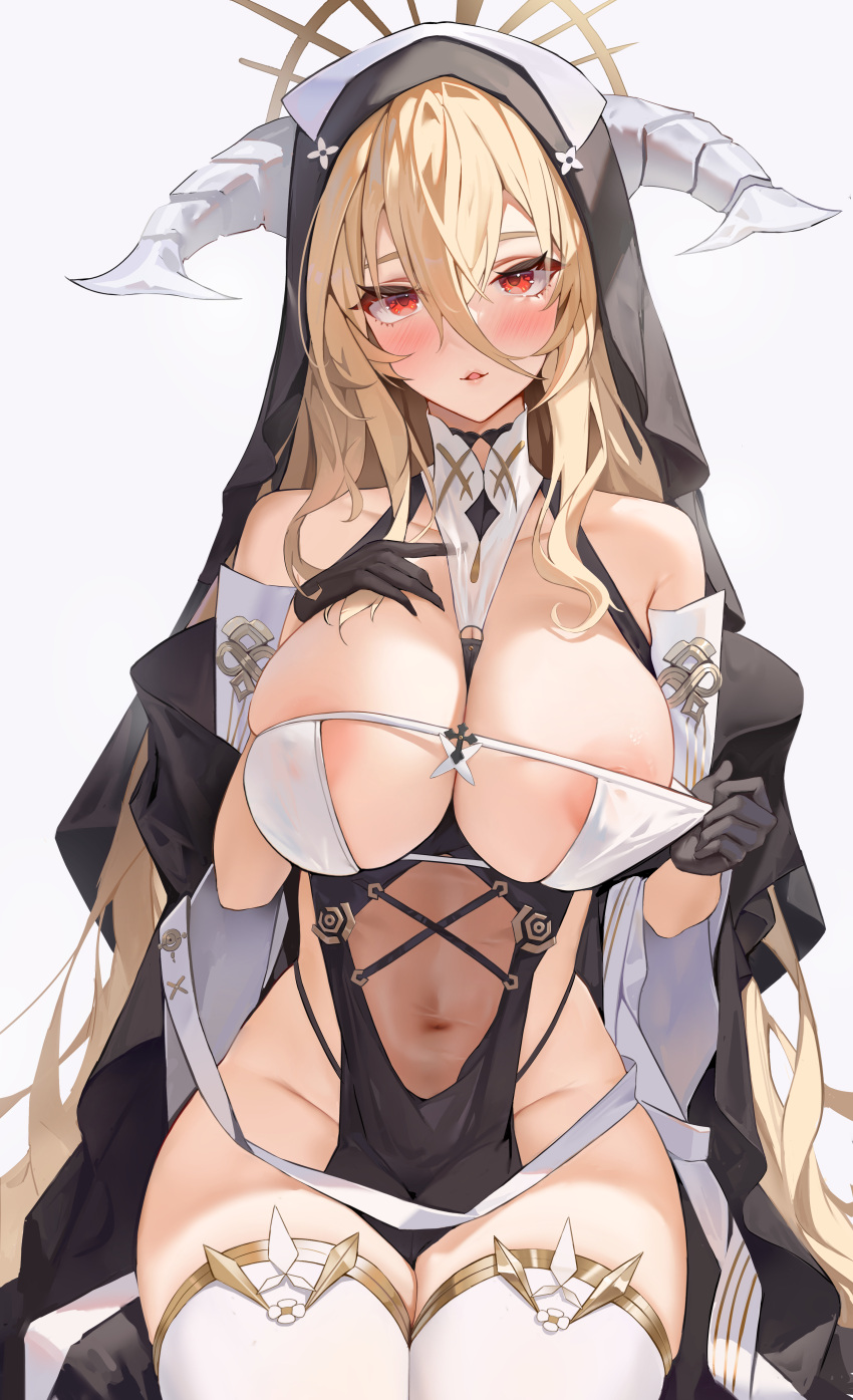 1girl absurdres areola_slip azur_lane bare_shoulders between_breasts black_gloves blonde_hair blush breast_cutout breasts covered_navel fake_horns gloves habit hair_between_eyes hand_on_own_chest hand_up highres horns implacable_(azur_lane) large_breasts long_bangs long_hair looking_at_viewer navel nun parted_lips pelvic_curtain revealing_clothes revision see-through simple_background sitting solo ssr_(azmr2828) thighhighs thighs veil white_background white_horns white_thighhighs