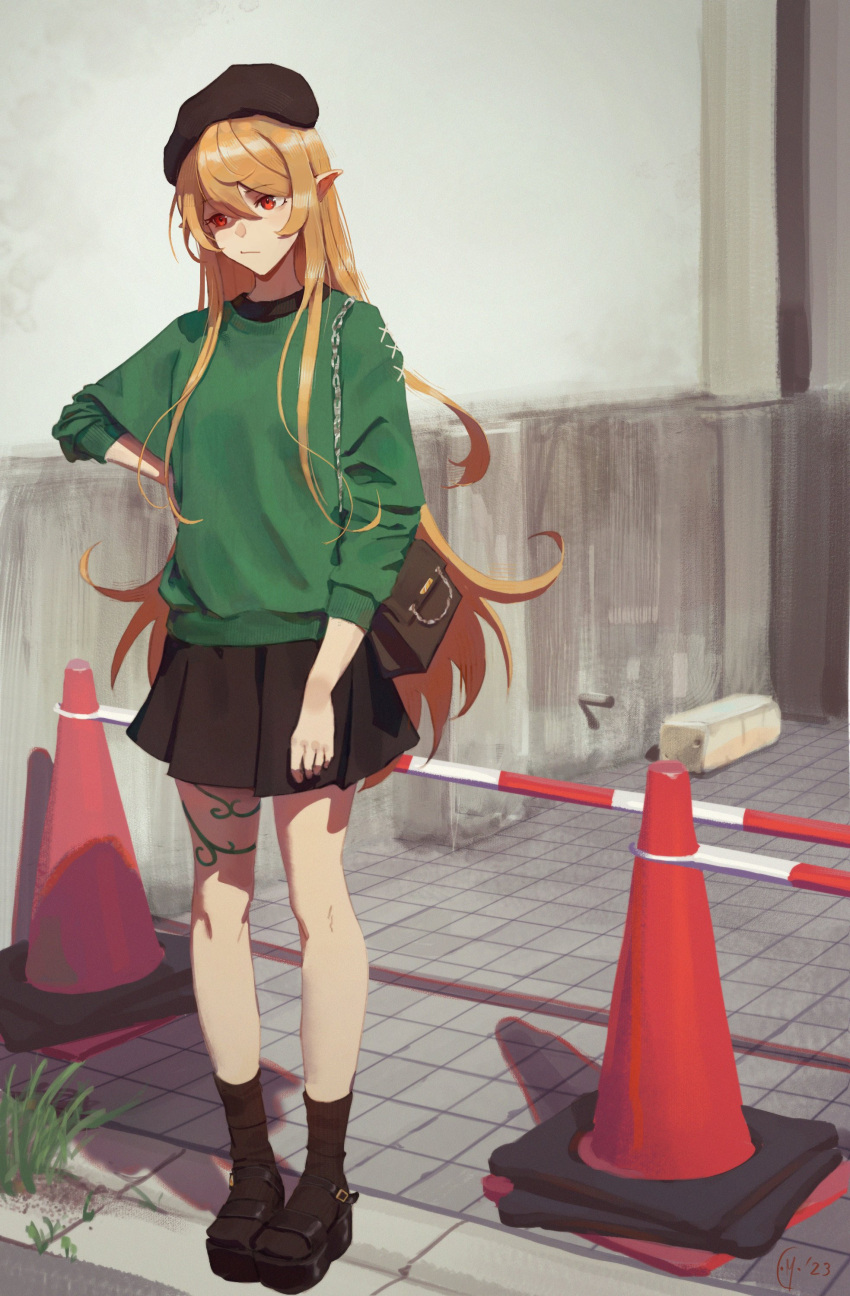 1girl absurdres alternate_costume bag beret black_bag black_footwear black_headwear black_skirt black_socks blonde_hair closed_mouth frown full_body green_sweater hair_between_eyes hand_on_own_hip handbag hat highres long_hair long_sleeves mocomiliano nijisanji nijisanji_en outdoors platform_footwear pleated_skirt pointy_ears pomu_rainpuff red_eyes sandals skirt socks solo standing sweater traffic_cone very_long_hair virtual_youtuber