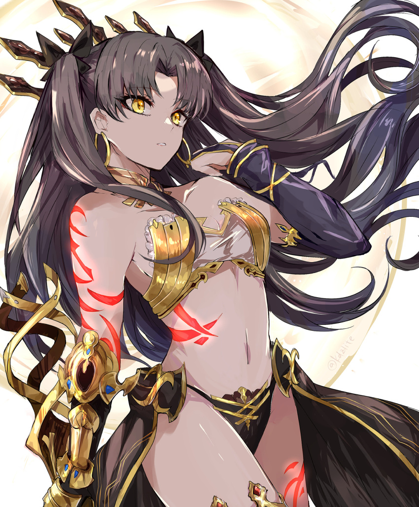 1girl bikini black_hair black_sleeves breasts commentary_request detached_sleeves earrings fate/grand_order fate_(series) floating_hair glowing_tattoo gold_trim highres hoop_earrings ishtar_(fate) jewelry long_hair looking_away mismatched_bikini navel parted_bangs small_breasts sodamachi solo stomach swimsuit tattoo two_side_up very_long_hair yellow_eyes