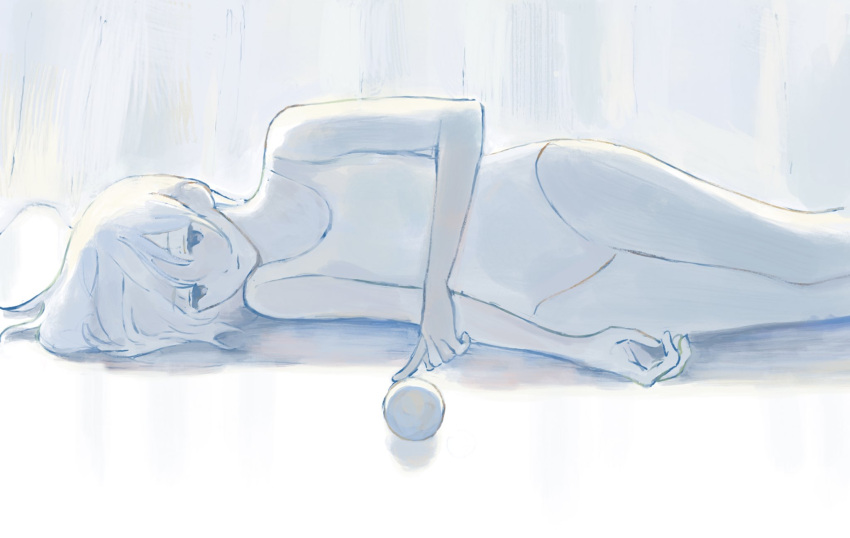 1girl bare_arms bare_legs closed_mouth expressionless highres kgeroua limited_palette long_hair lying on_floor on_side one-piece_swimsuit orb original shadow solo swimsuit