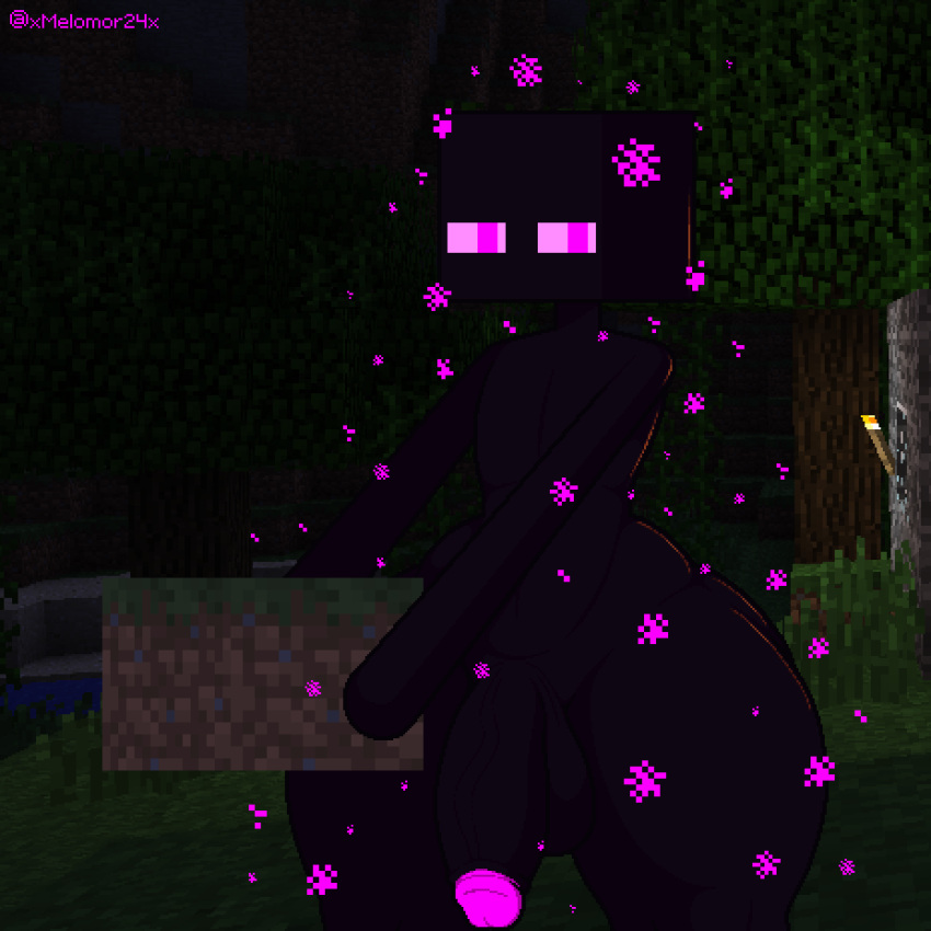 balls big_balls big_butt big_penis black_body butt digital_media_(artwork) enderman flaccid front_view genitals grass hi_res holding_object humanoid male melomor microsoft minecraft mojang nude outside particles penis pixel_(artwork) plant purple_eyes purple_sclera sand solo standing thick_thighs torch tree vein veiny_penis water xbox_game_studios