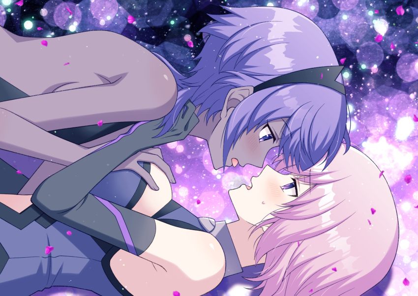 2girls bare_shoulders black_gloves black_leotard breasts cleavage_cutout clothing_cutout elbow_gloves fate/grand_order fate_(series) gloves grabbing grabbing_another's_breast highres large_breasts leotard light_purple_hair mash_kyrielight multiple_girls open_mouth profile purple_eyes sakura_tsubame short_hair yuri