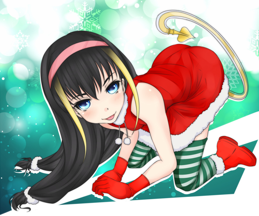 1girl all_fours bare_shoulders black_hair blue_eyes boots christmas commentary_request demon_tail dress fur-trimmed_boots fur-trimmed_dress fur_trim gloves green_background green_thighhighs hair_between_eyes hairband lessar light_blush long_hair looking_at_viewer mechanical_tail multicolored_hair pink_hairband red_dress red_footwear red_gloves santa_dress shin_(highest1192) sidelocks smile snowflake_background solo sozaiyamimi striped striped_thighhighs tail thighhighs toaru_majutsu_no_index toaru_majutsu_no_index:_old_testament tongue tongue_out