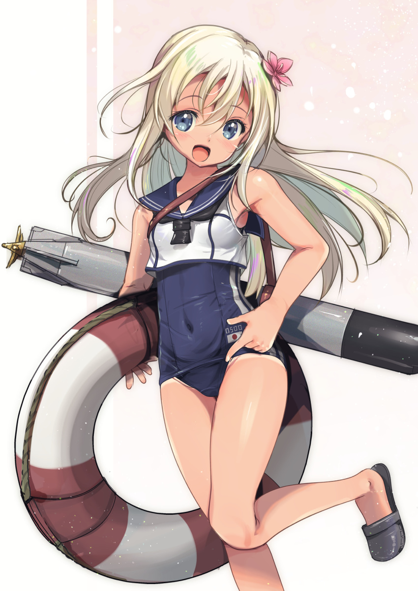1girl black_neckerchief black_one-piece_swimsuit blonde_hair blue_eyes blue_sailor_collar breasts covered_navel crop_top feet_out_of_frame flower hair_flower hair_ornament highres kantai_collection lifebuoy long_hair neckerchief old_school_swimsuit one-piece_swimsuit one-piece_tan ro-500_(kancolle) sailor_collar sandals school_swimsuit shirt sleeveless sleeveless_shirt small_breasts smile solo swimsuit tan tanlines torpedo yashin_(yasinz)