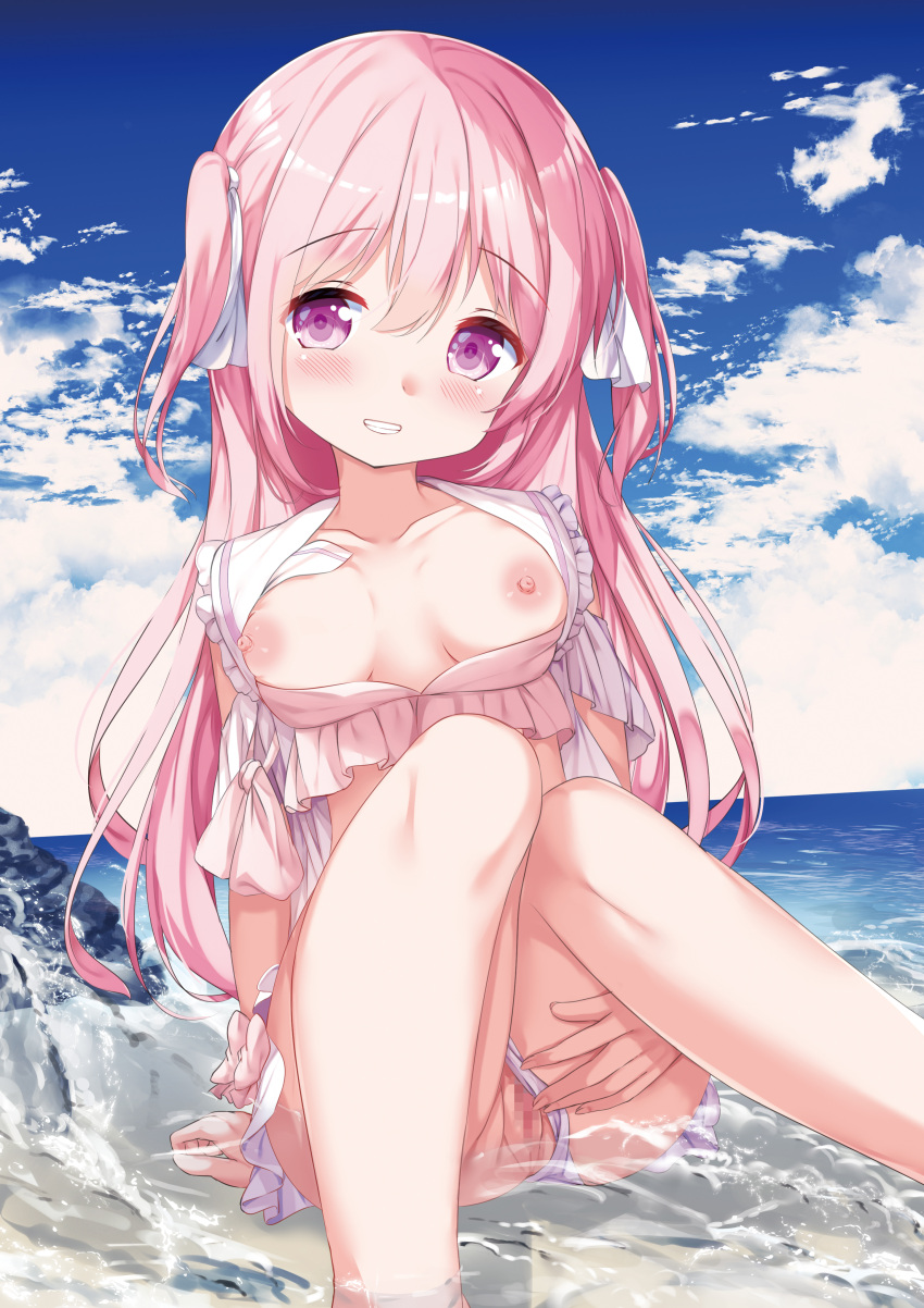 1girl absurdres arm_support bikini bikini_bottom_aside blue_sky blush bow breasts breasts_out censored chinomaron clothing_aside cloud cloudy_sky commentary_request day feet_out_of_frame frilled_sailor_collar frills grin hair_between_eyes hair_bow hand_up head_tilt highres horizon knees_together_feet_apart knees_up long_hair looking_at_viewer medium_breasts mosaic_censoring nipples ocean original outdoors pink_bow pink_hair purple_eyes pussy sailor_collar sky smile solo swimsuit two_side_up very_long_hair water white_bikini white_bow white_sailor_collar