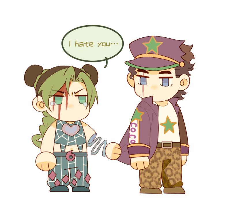 1boy 1girl black_hair blood blood_on_face blue_eyes chibi coat disembodied_limb father_and_daughter green_eyes green_hair hat highres hollow_body jojo_no_kimyou_na_bouken kujo_jolyne kujo_jotaro long_coat midriff multicolored_hair purple_coat scar scar_across_eye snake_print spider_web_print stone_ocean string tearing_up tsundere two-tone_hair unraveling zhoujo51